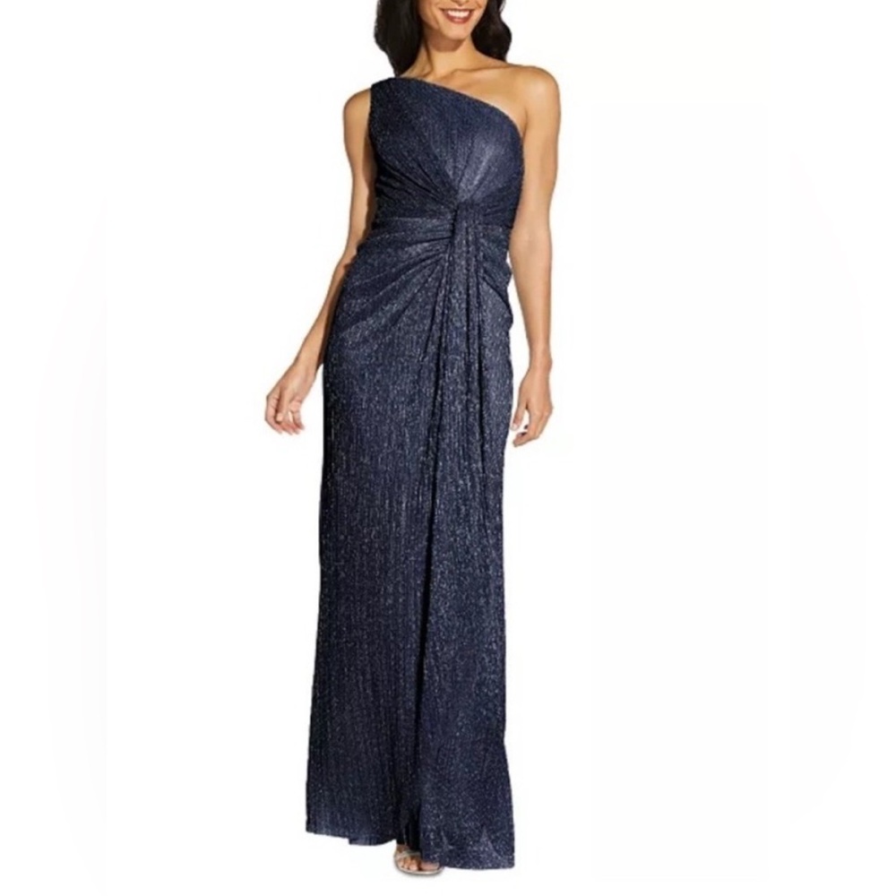 Adrianna Papell Blue One-Shoulder Pleated Gown